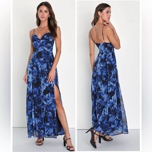 Lulus Beautiful Soul Blue Floral Print Twist-Front Maxi Dress Size Small NWT